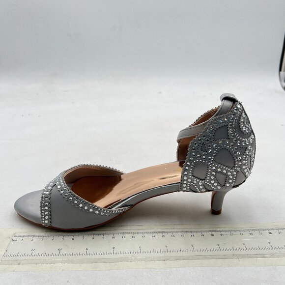 XYD Grey Open Toe Rhinestones Ankle Strap Sandals Low Heel Bridal Evening Shoes - Picture 2 of 8